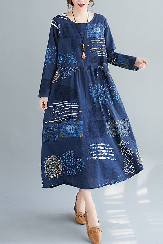 Spring Loose Cotton Linen Dress O-neck Print Dress