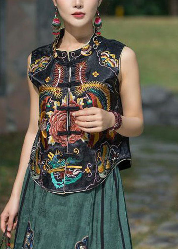 Black Stand Collar Embroidered Patchwork Silk Vest Sleeveless