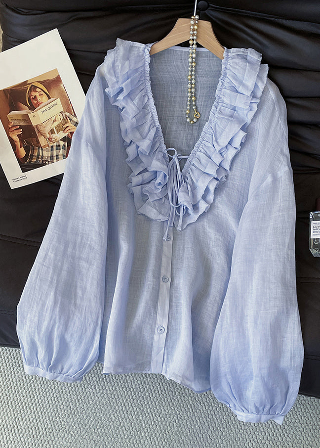 Blue Ruffled Lace Up Button Cotton Blouses Fall