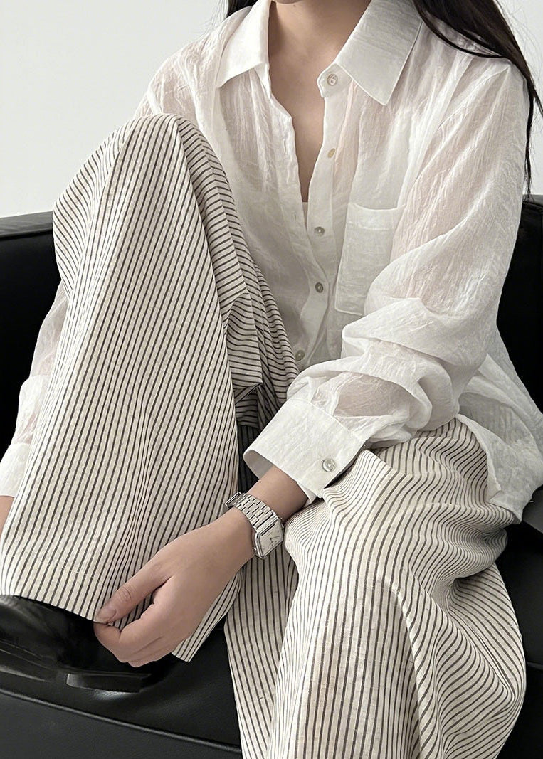 White Striped Cotton Wide Leg Pants Trousers Oversized Spring