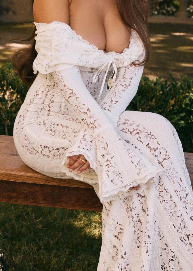 French One Neck Off Shoulder Lace Dress Flared Sleeves