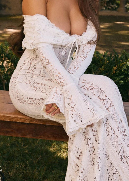 French One Neck Off Shoulder Lace Dress Flared Sleeves