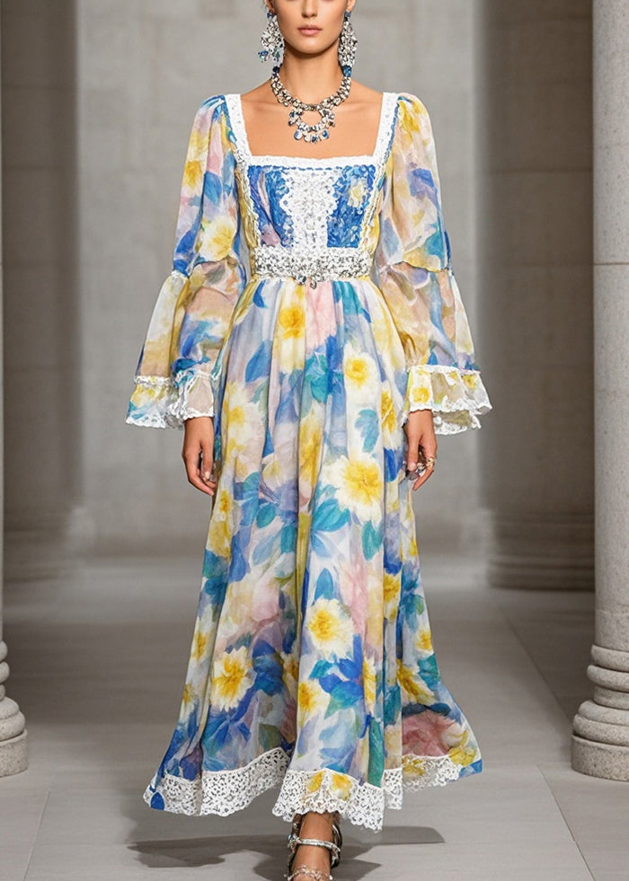 Square Collar Print Chiffon Full Dresses Fall
