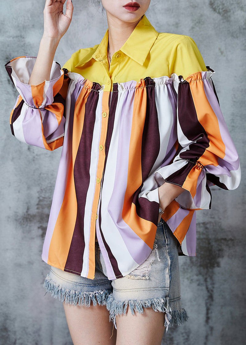 Boutique Colorblock Striped Ruffled Patchwork Cotton Shirt Tops Fall