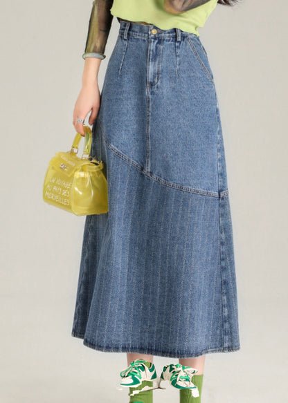 Blue Striped Patchwork Denim a Line Skirt Spring