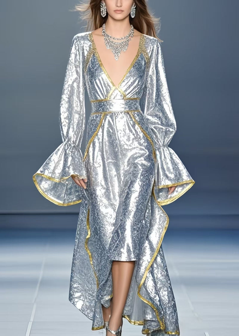 Silvery Asymmetrical Design Silk Vestidos Dress Flare Sleeve