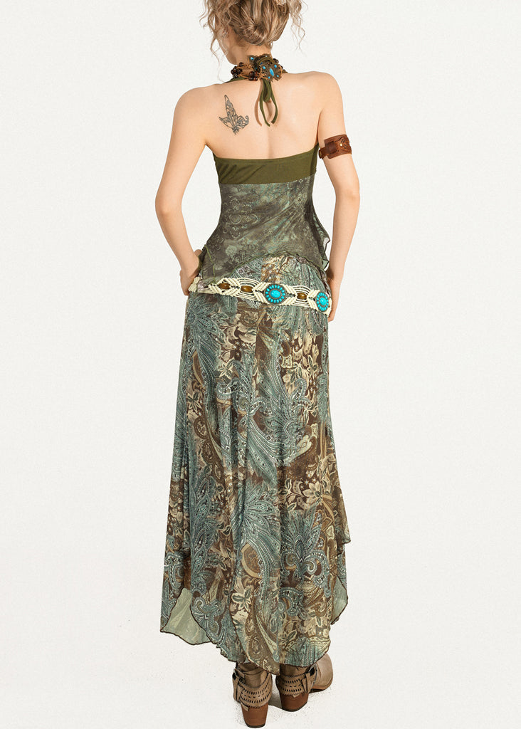 Green Print Top and Maxi Skirts Two Pieces Set Sleeveless