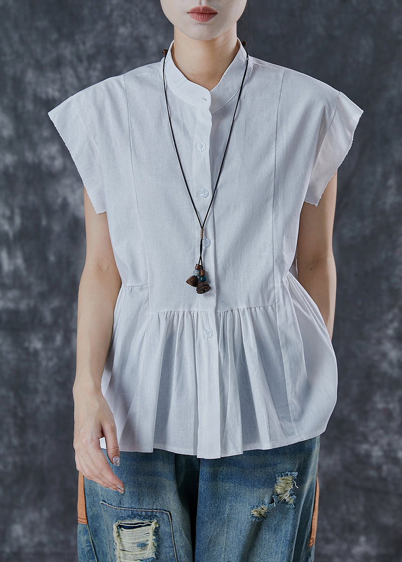 Diy White Stand Collar Patchwork Cotton Tops Sleeveless