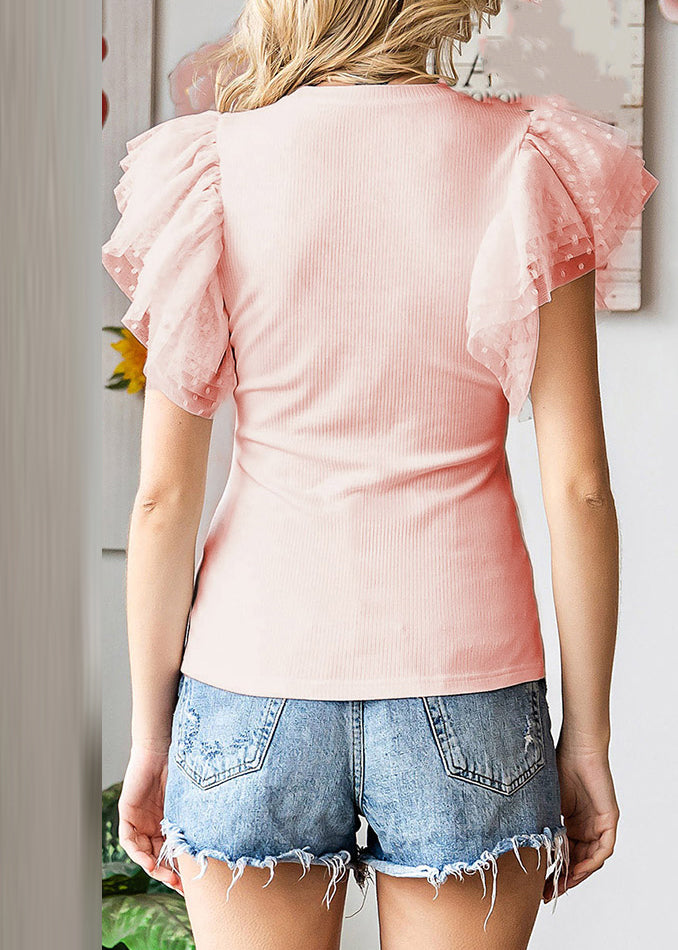 Pink Tulle Patchwork Knit T Shirts Summer