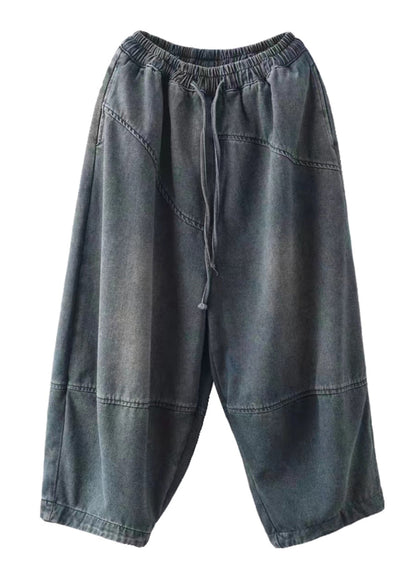 Blue Pockets Elastic Waist Cotton Harem Pants Spring