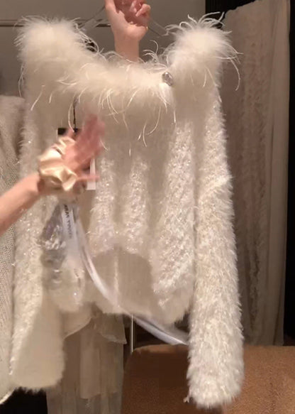 Simple White Fur Collar Cozy Knit Sweater Spring
