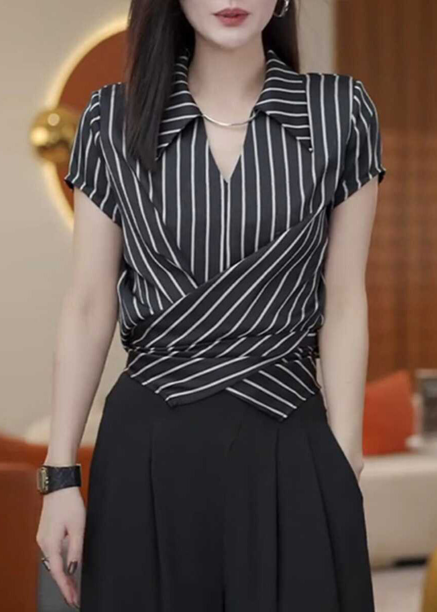 New Black Stripe Peter Pan Collar Chiffon Top Summer