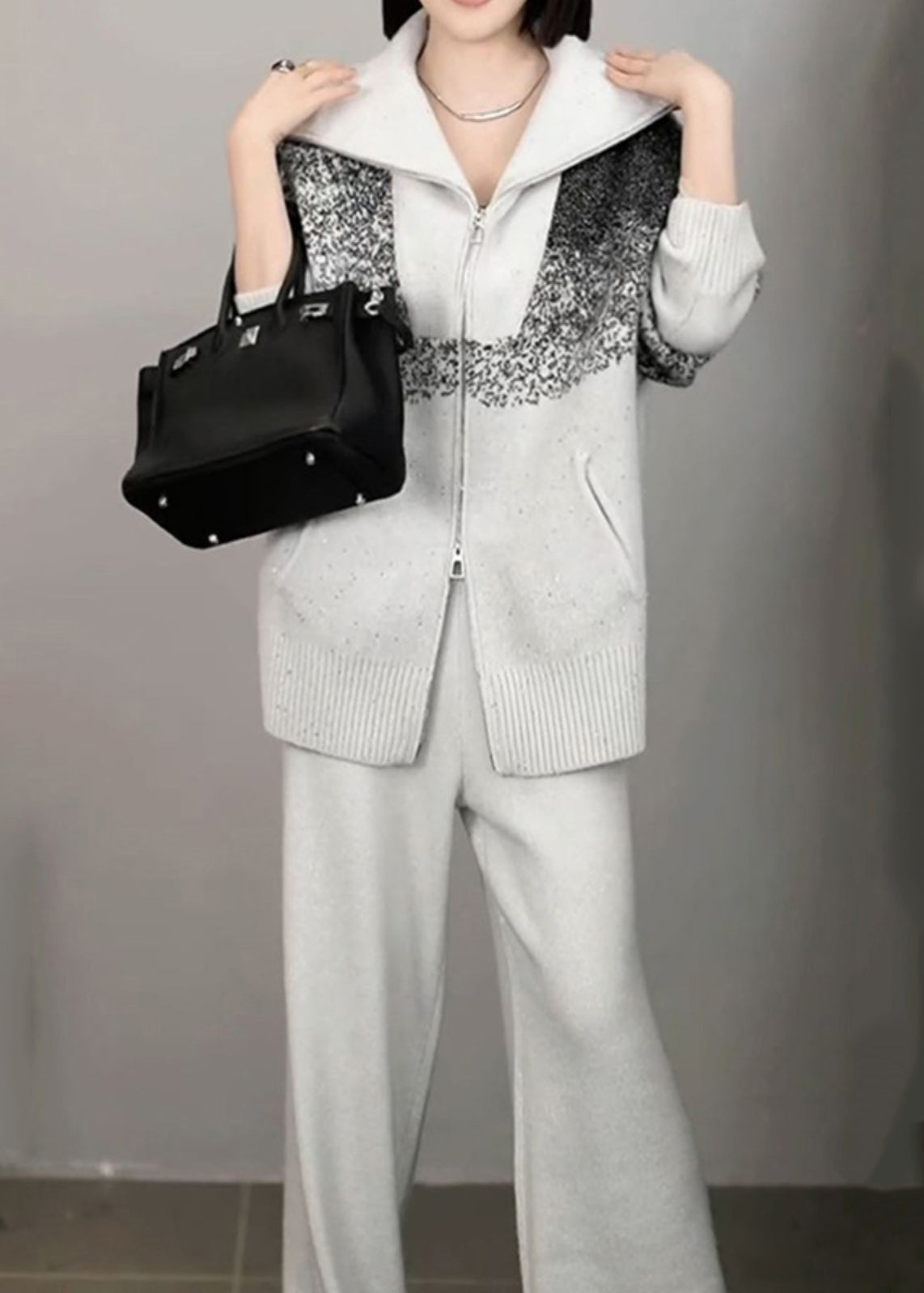 Organic Light Grey Print Zippered Cotton Knit Sweaters and Wide Leg Pants Two Pieces Set Winter