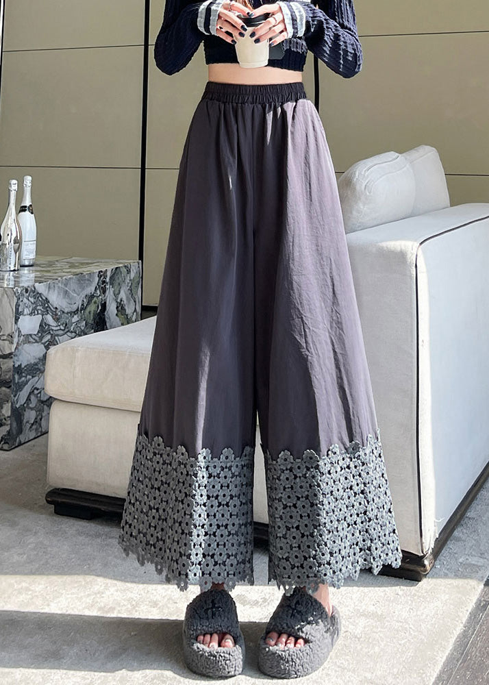 Grey Patchwork Cotton Wide Leg Pants Fall