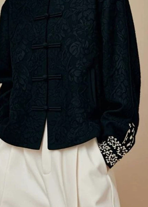 Jacquard Black Stand Collar Cotton Coats Fall