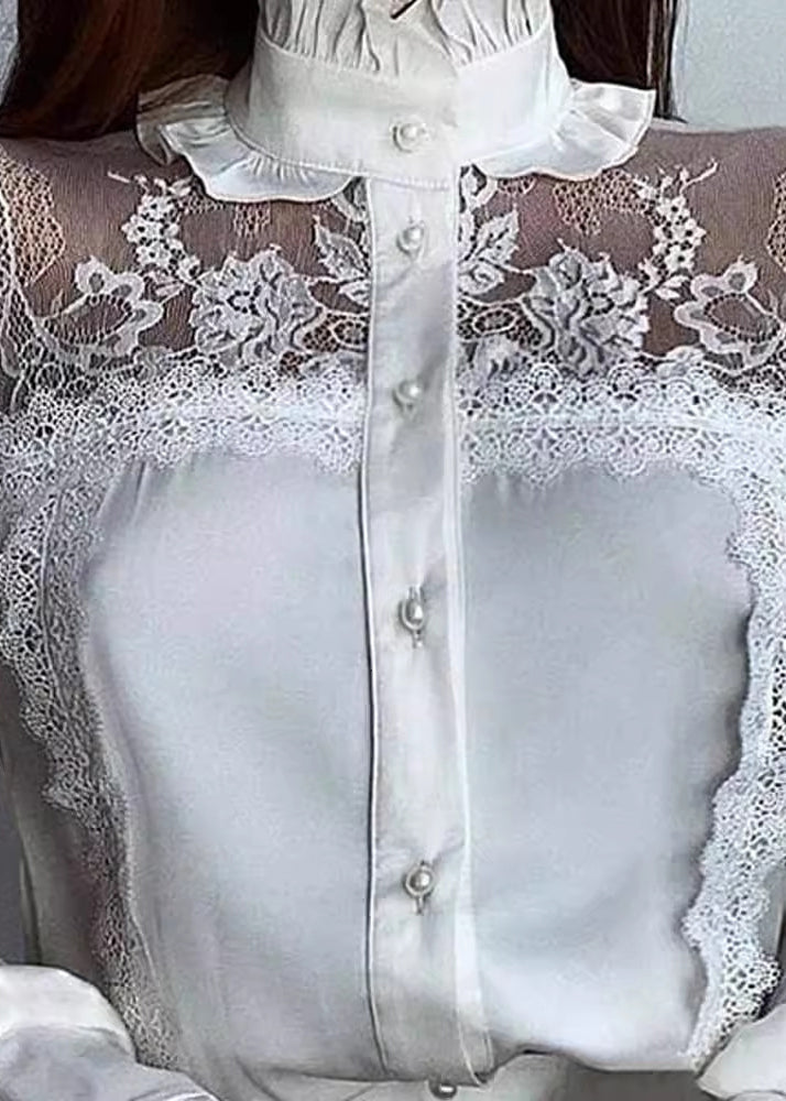 French White Ruffled Lace Tulle Patchwork Chiffon Tops Spring