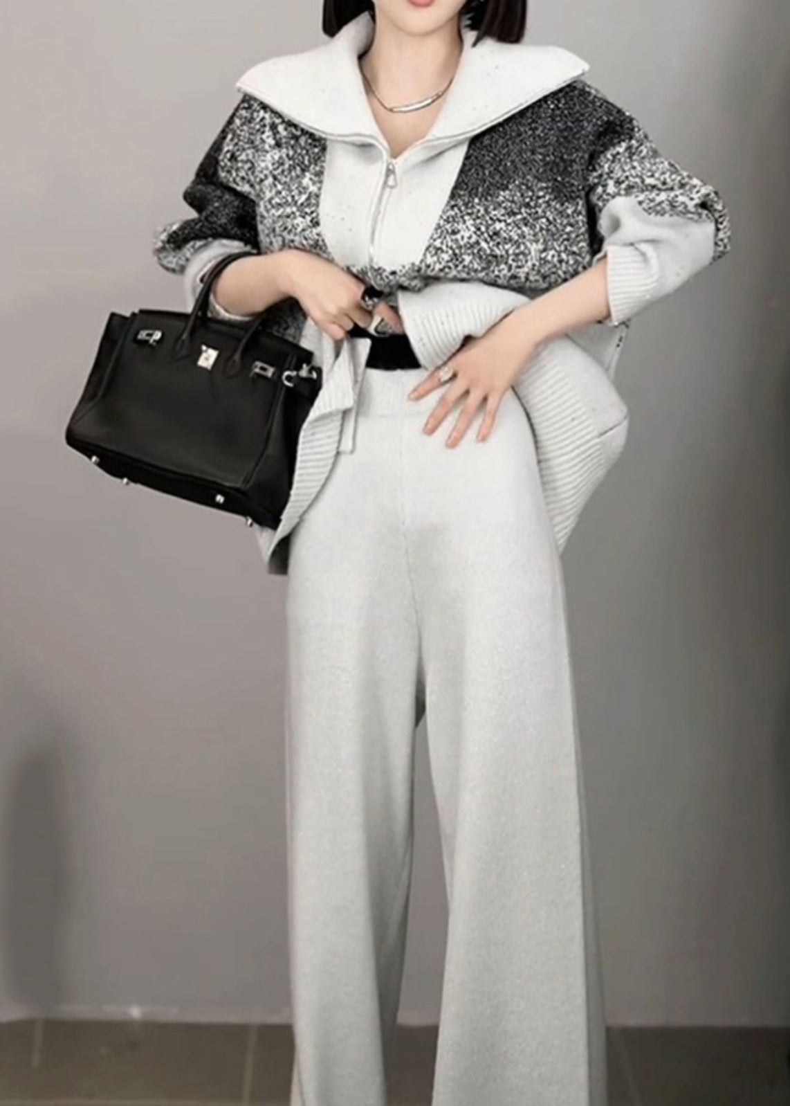 Organic Light Grey Print Zippered Cotton Knit Sweaters and Wide Leg Pants Two Pieces Set Winter