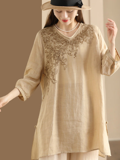 Summer Artsy Embroidery Ramie Long Shirt