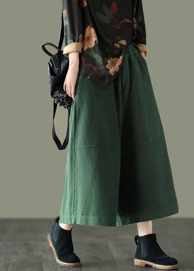 Unique Green Elastic Waist Patchwork Cotton Wide Leg Pants Spring