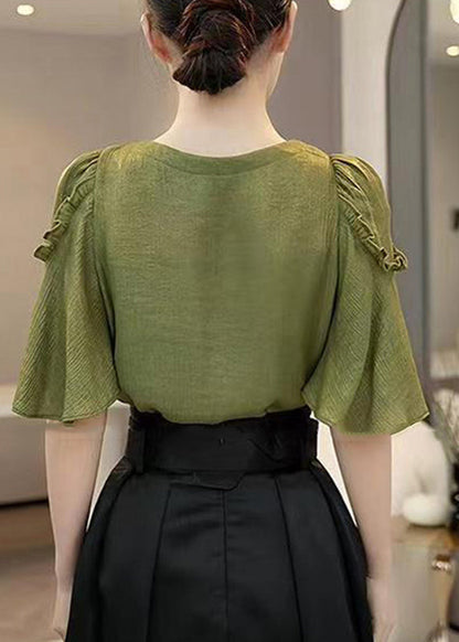 Green V Neck Ruffled Patchwork Hollow Out Shirt Summer
