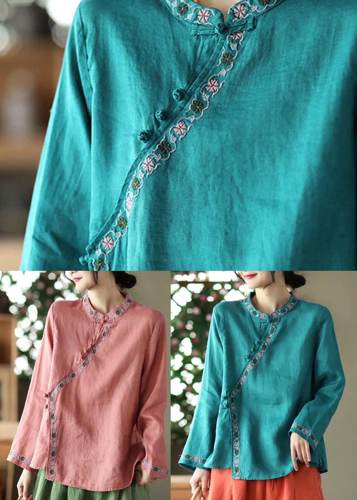 Watermelon Red Embroidered Linen Shirt Long Sleeve