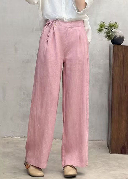 Pink Side Tie Waist Linen Pants Summer