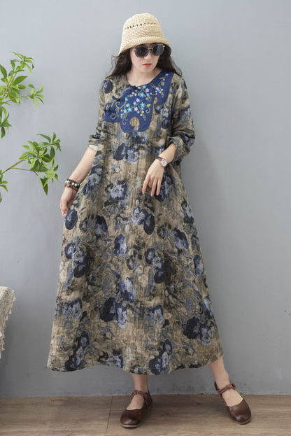 Spring Retro Printed Long Skirt Long Sleeve Cotton Linen Dress