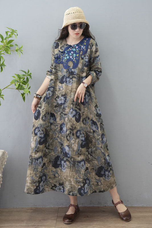 Spring Retro Printed Long Skirt Long Sleeve Cotton Linen Dress