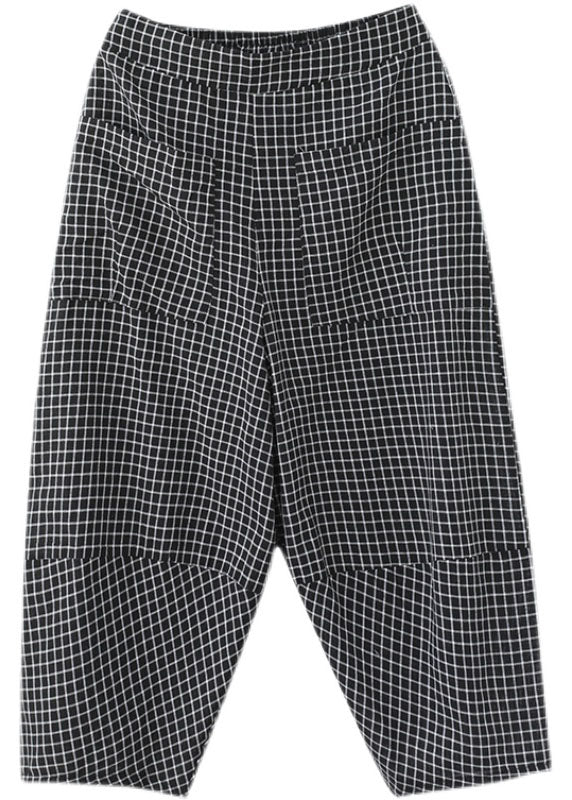 Black Plaid Elastic Waist Pockets Cotton Crop Pants Trousers Summer