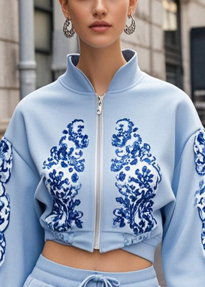 Baby Blue Stand Collar Print Cotton Short Coat Fall