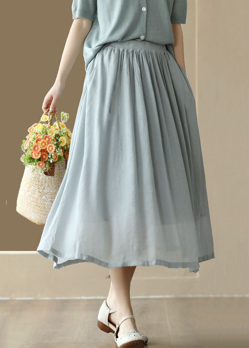 Light Blue Wrinkled Pockets Patchwork Cotton Skirts Summer
