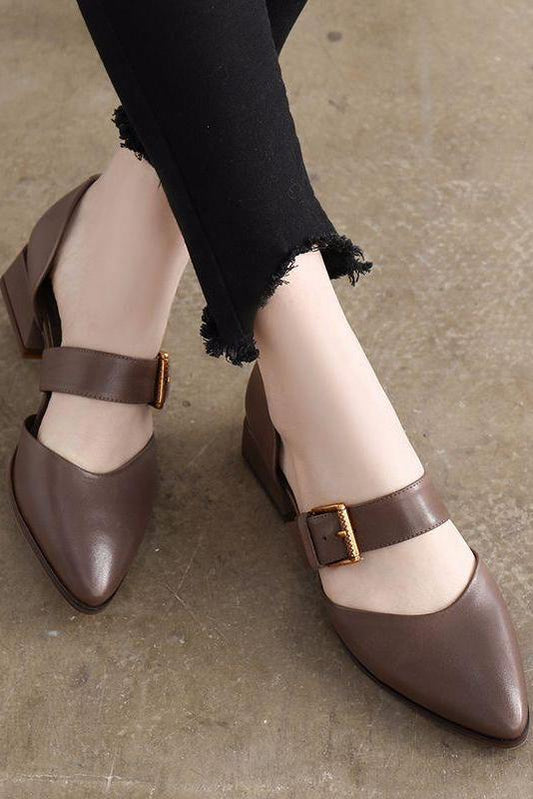 Summer Leather Mid Heels Coffee Sandals Shoes