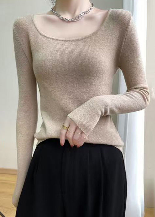 Slim Fit Light Camel O Neck Wool Knit Top Fall