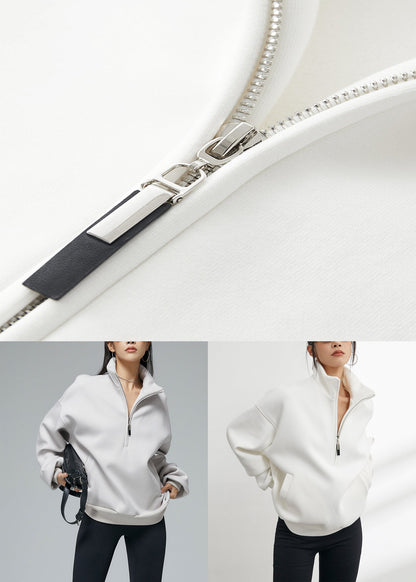 White Stand Collar Zip Up Warm Fleece Sweatshirt Winter