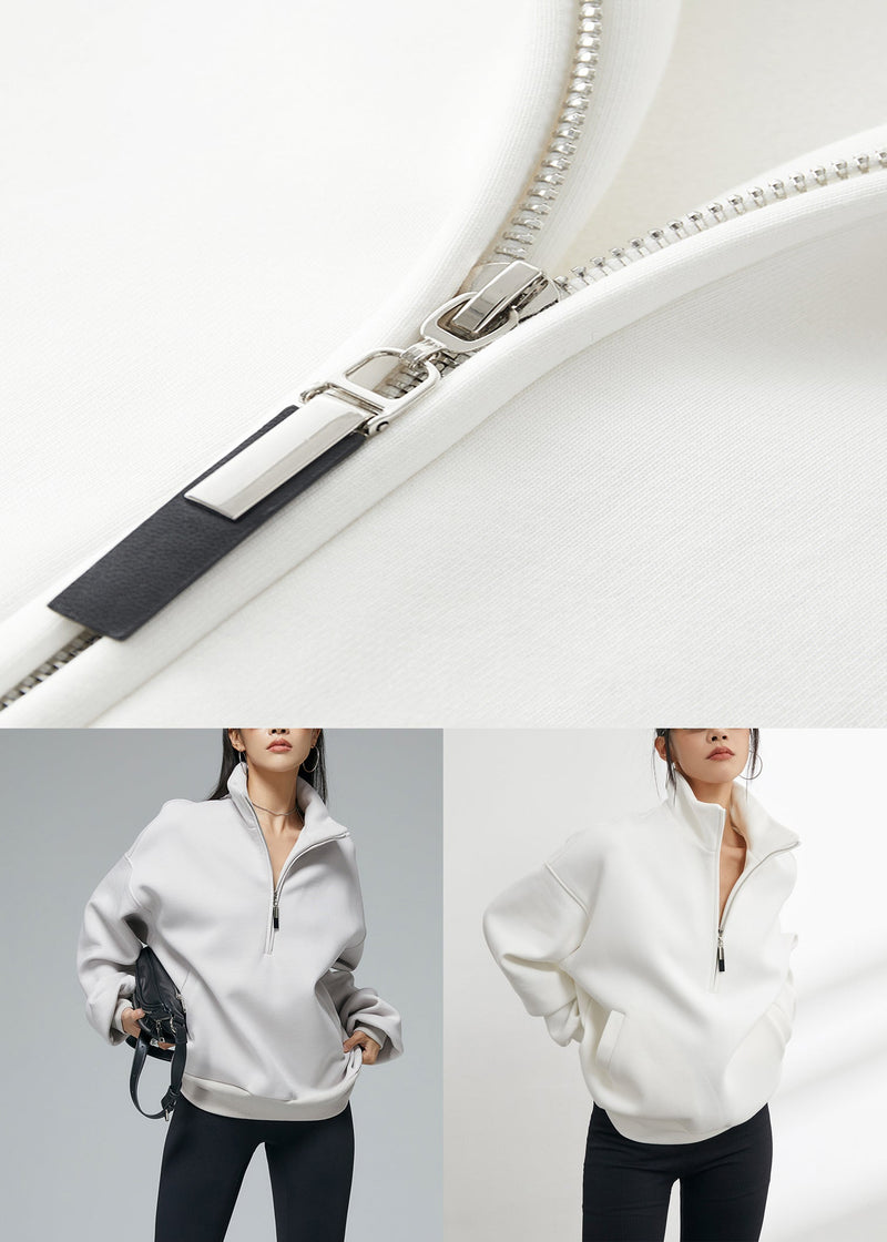 White Stand Collar Zip Up Warm Fleece Sweatshirt Winter
