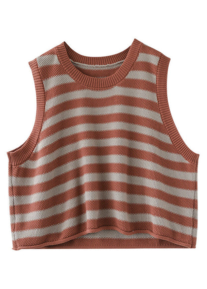 Organic Orange O-neck Striped Knit Tank Tops Sleeveless