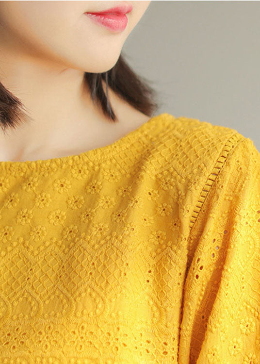 Diy Yellow Hollow Out Embroidered Fall Long Sleeve Tops