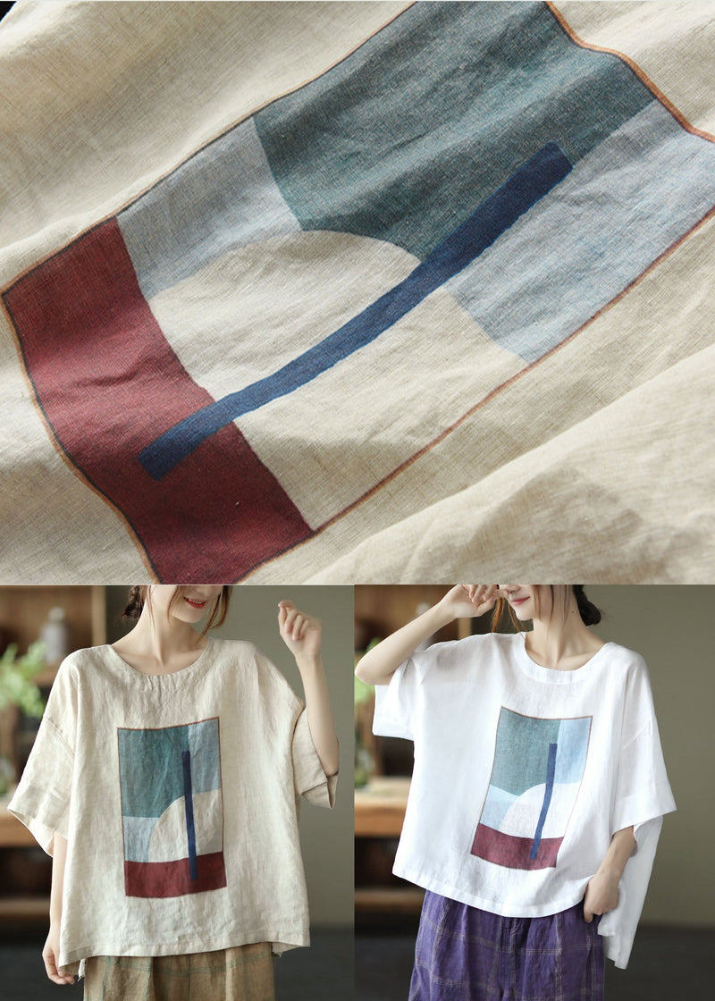 Style White O-neck Oversized Print Linen Tank Tops Short Sleeve