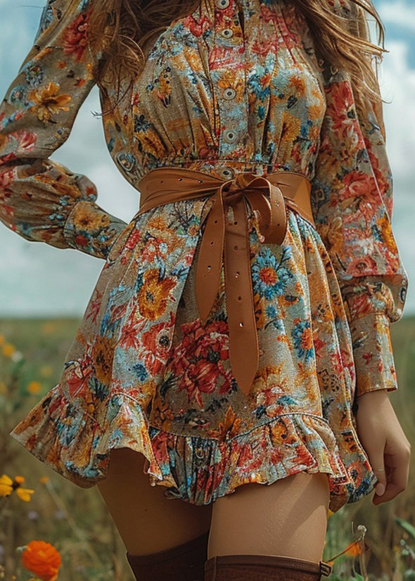 Pastoral Style Ruffled Print Mini Dresses Long Sleeve