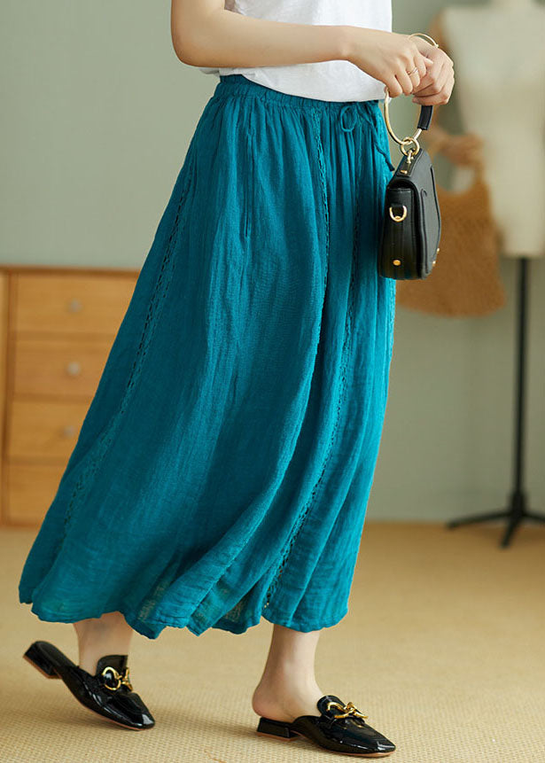 Art Peacock Blue Elastic Waist Linen Skirts Spring