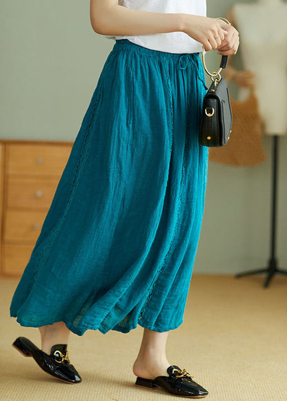 Art Peacock Blue Elastic Waist Linen Skirts Spring