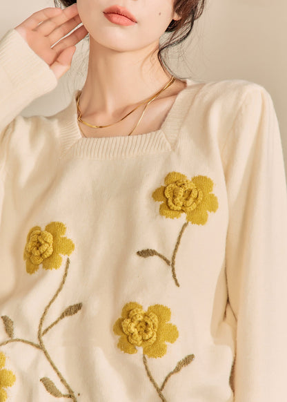 Light Yellow Square Collar Cotton Knit Sweaters Winter