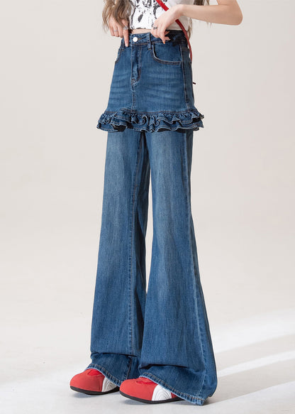 Blue Ruffled Pockets Patchwork Denim Flared Trousers Fall