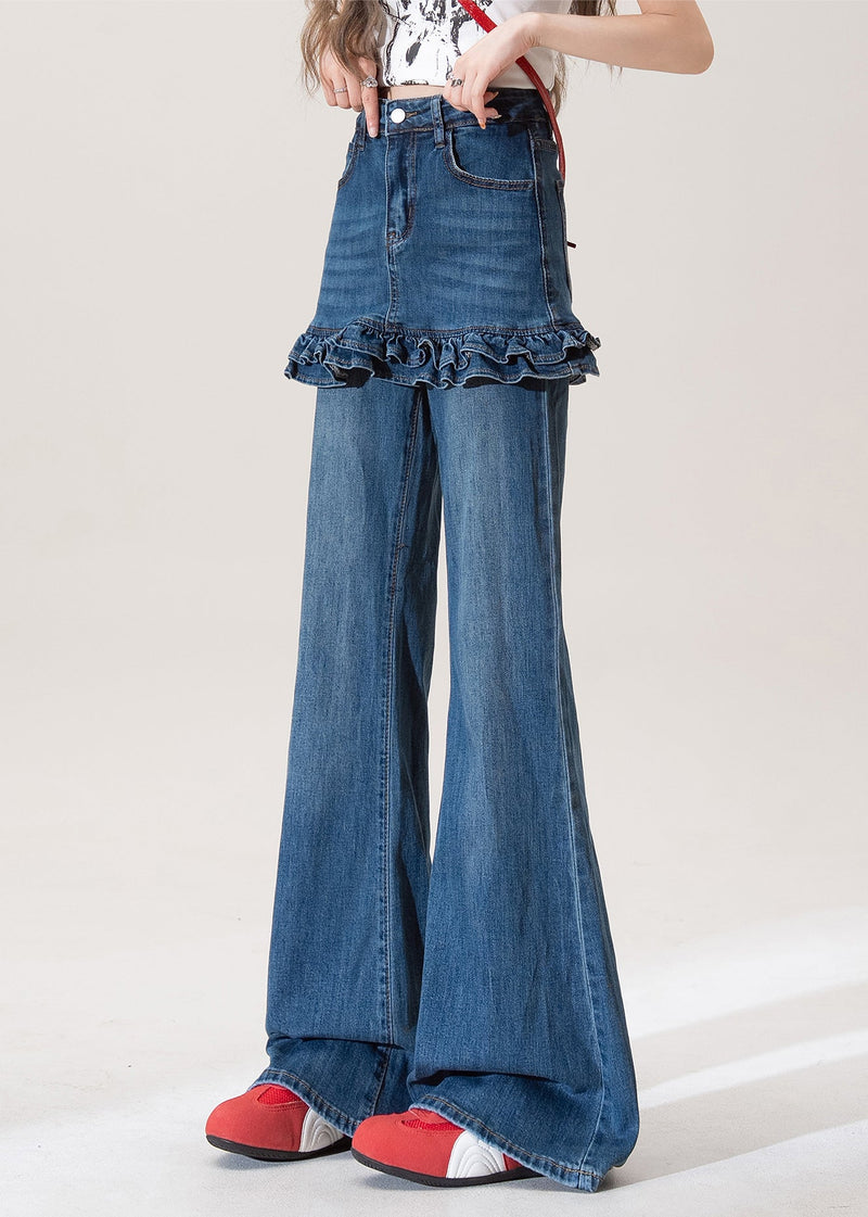 Blue Ruffled Pockets Patchwork Denim Flared Trousers Fall