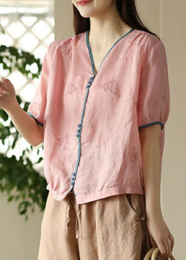 Pink Button Patchwork Linen Shirt Top Embroidered Summer