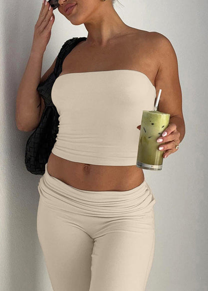 Summer New Apricot Strapless Top and Flared Pants Set
