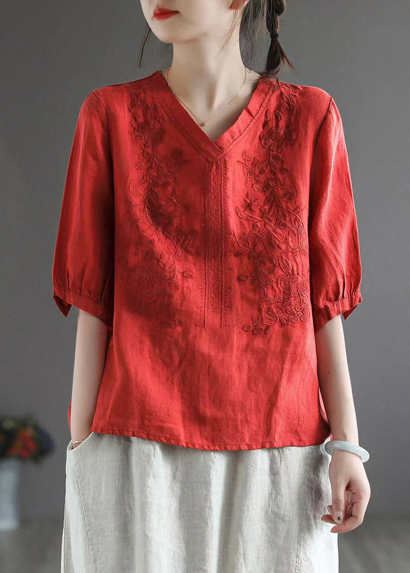 Red V Neck Embroidered Top Half Sleeve