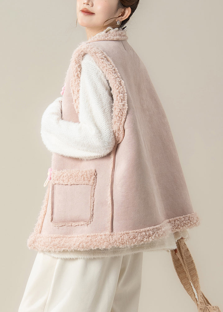 Pink Oversized Patchwork Flower Teddy Vest Jacket Winter