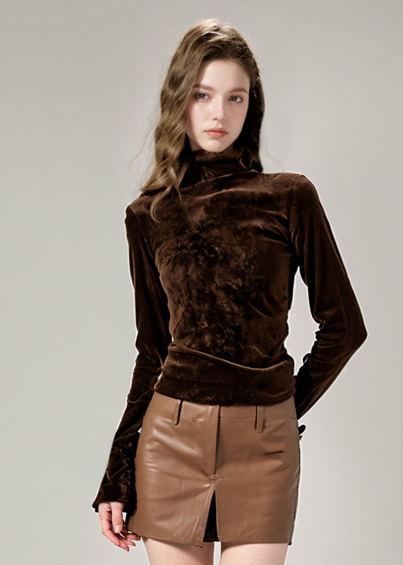 Grey Hign Neck Slim Fit Velour Blouse Top Fall