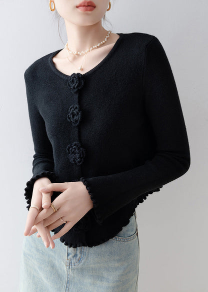 French Black O Neck Ruffled Knitted Tops Spring
